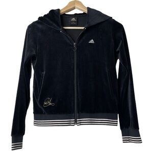 Vintage Early 2000s Adidas Velour Track Jacket Full Zip Pockets Black Rare Y2K